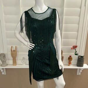 BABEYOND 1920s Gatsby Dress Long Fringe Flapper Dress Green